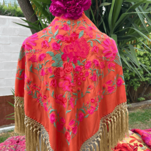 mantoncillo coral de seda fleco dorado ancho