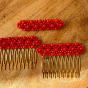 conjunto de peinecillos y broche naranja/coral