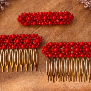 conjunto de peinecillos y broche rojo