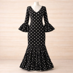 traje de flamenca canastero negro lunar blanco con cancán